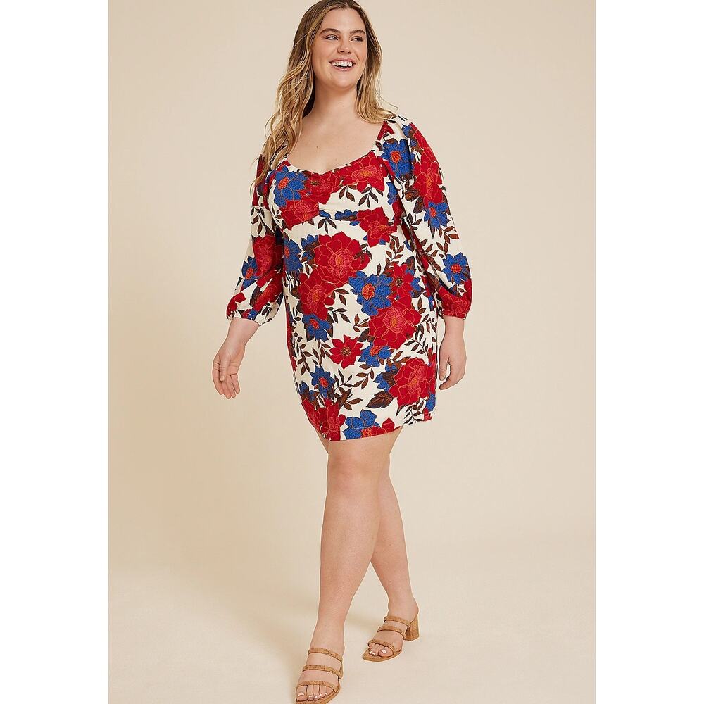 NEW! Maurices Plus Size Floral Sweetheart Babydoll Mini Dress‎ Sz 1X Long Sleeve